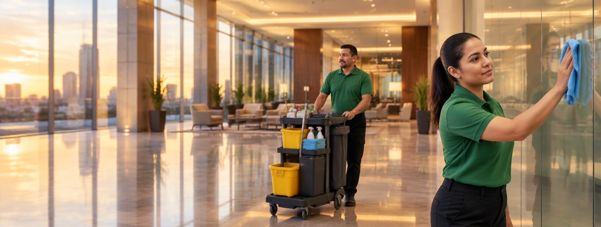 Cleaning professionals in green polos with cleaning supplies in a glass-walled lobby