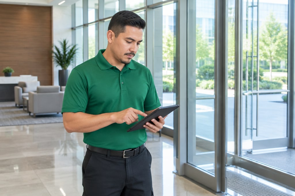 Cleaning professional checking a tablet during a final walkthrough at a glass entry