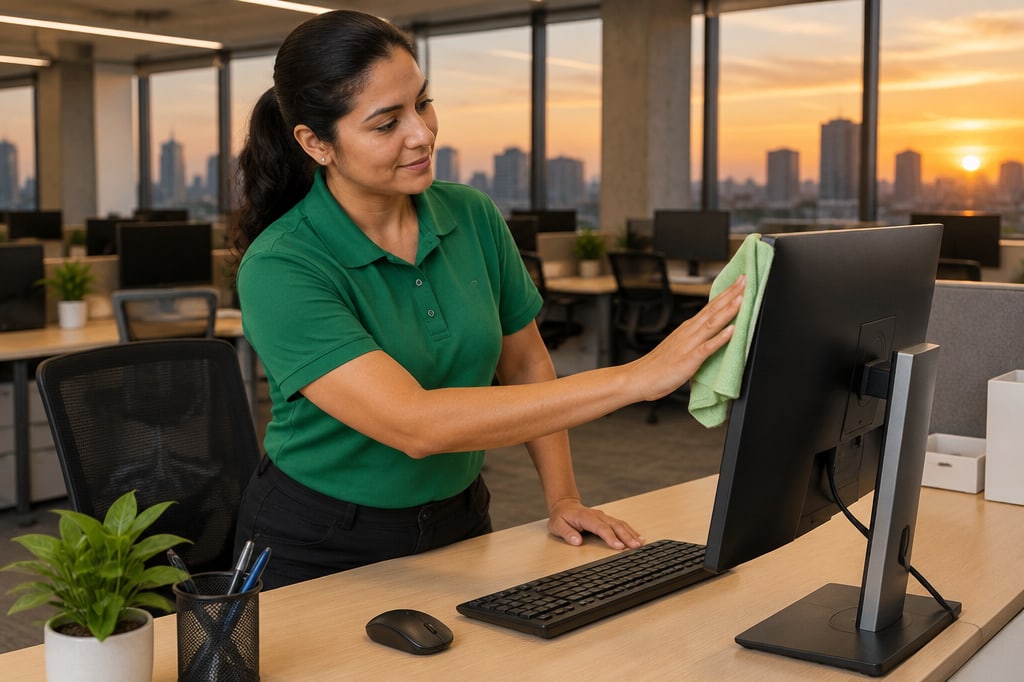 Cleaning professional dusting a monitor at an office desk