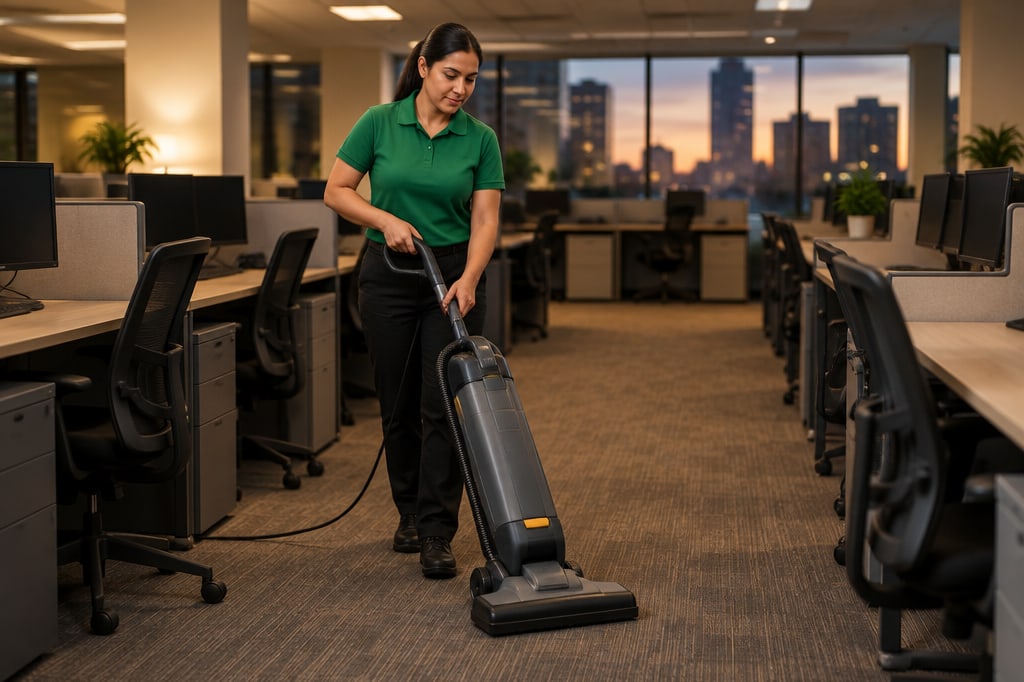 Cleaning professional using an upright vacuum between office desks