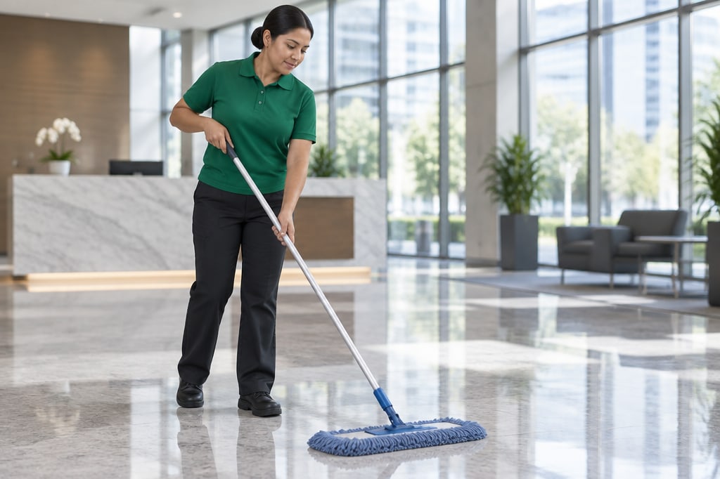 Cleaning professional mopping the polished floor of a bright lobby