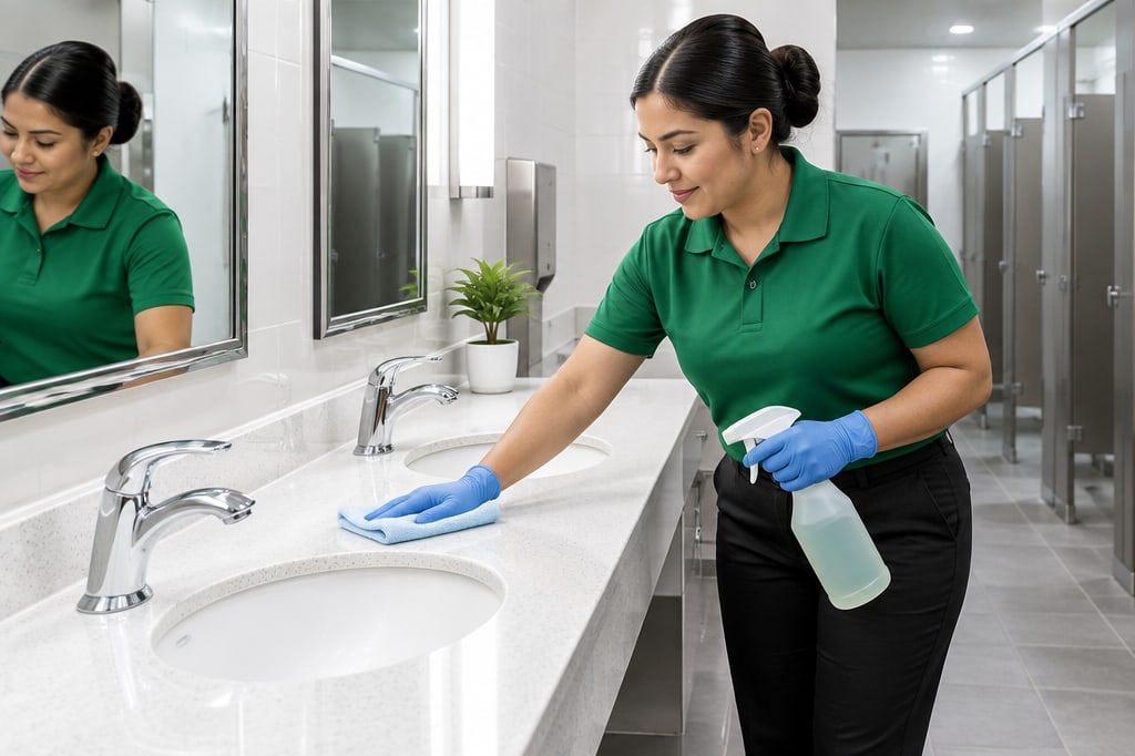Cleaning professional sanitizing a restroom counter beside the sinks